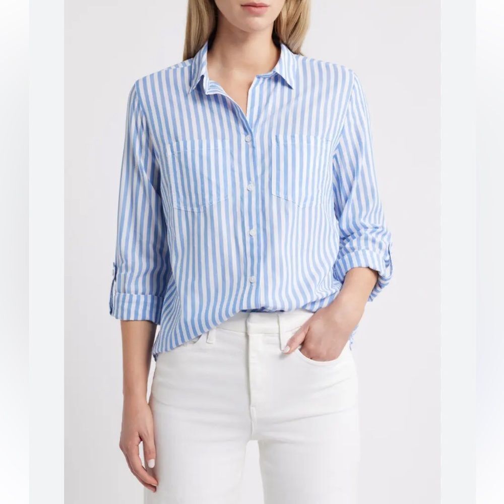 beachlunchlounge Annalisa Blue White Stripe Long Sleeve Classic Collar Shirt
